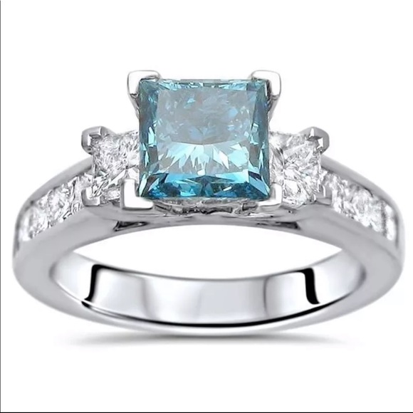 New 925 Silver Princess Cut Aquamarine Ring - Picture 2 of 4